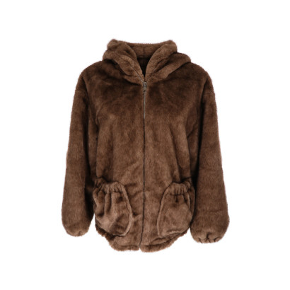 VESTE EN FAUSSE FOURRURE AVEC CAPUCHON ET POCHES