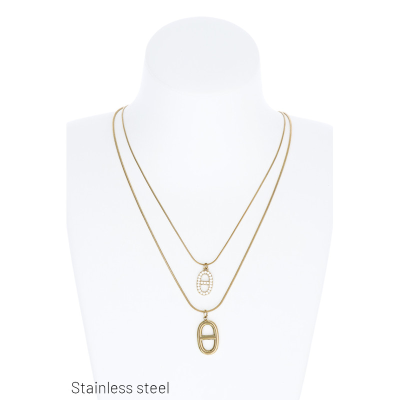 COLLIER EN ACIER AVEC PEND. METALLI., PIERRE OVALE