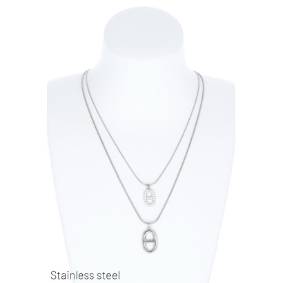 COLLIER EN ACIER AVEC PEND. METALLI., PIERRE OVALE