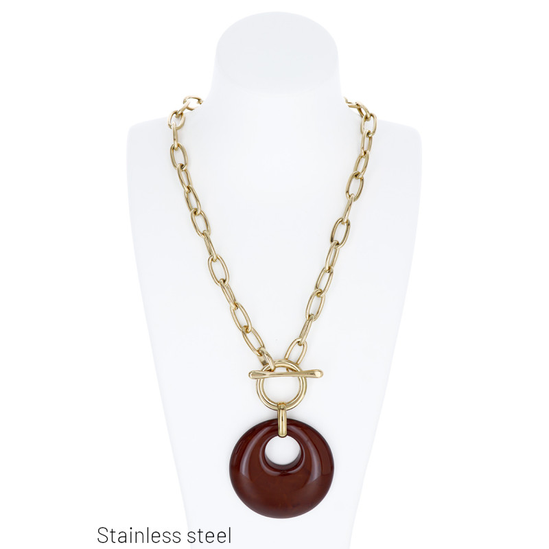COLLIER À GROS MAILLONS ACIER ET RÉSINE, PEND ROND