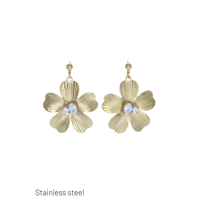 BOUCLES D'OREILLES ACIER FORME FLEURS AVEC STRASS