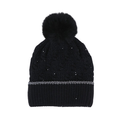 BONNET TRICOTE TORSADES AVEC POMPON, SEQUINS