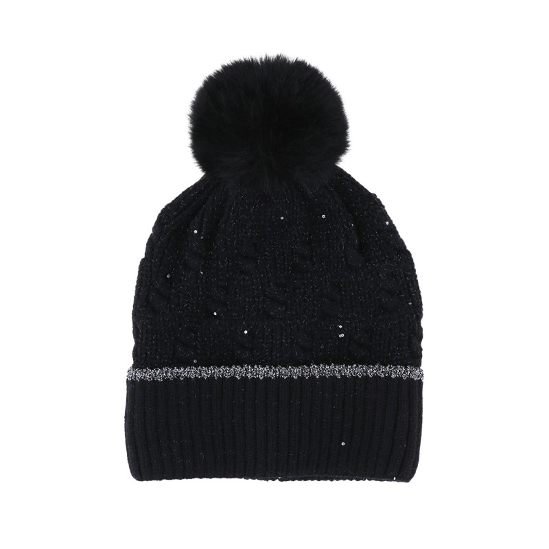 BONNET TRICOTE TORSADES AVEC POMPON, SEQUINS