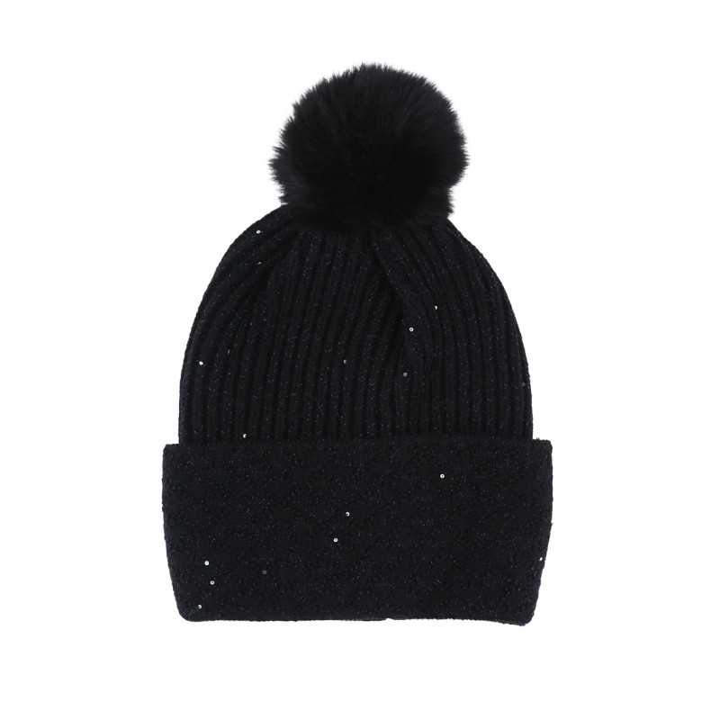 BONNET TRICOTE AVEC POMPON, SEQUINS, GÉOMÉTRIQUE