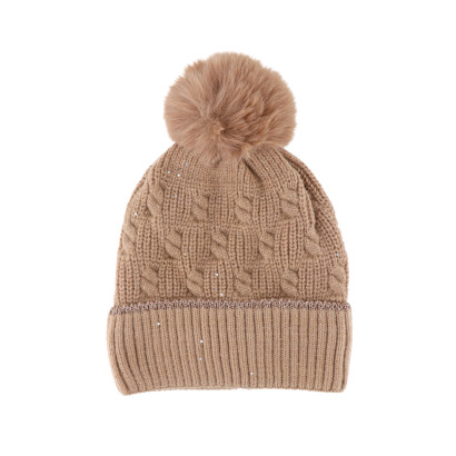 BONNET TRICOTE TORSADES AVEC POMPON, SEQUINS
