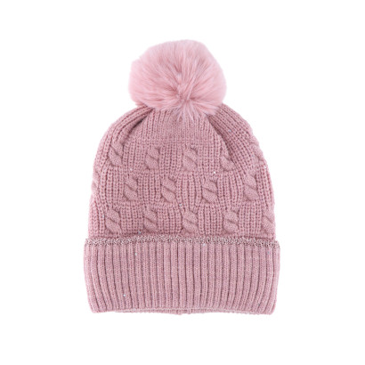 BONNET TRICOTE TORSADES AVEC POMPON, SEQUINS