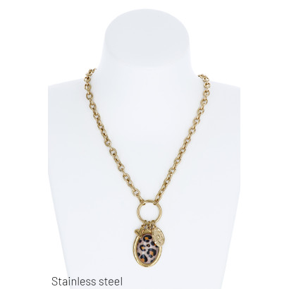 COLLIER ACIER, PENDENTIF PIERRE RESINE ET CHARMS