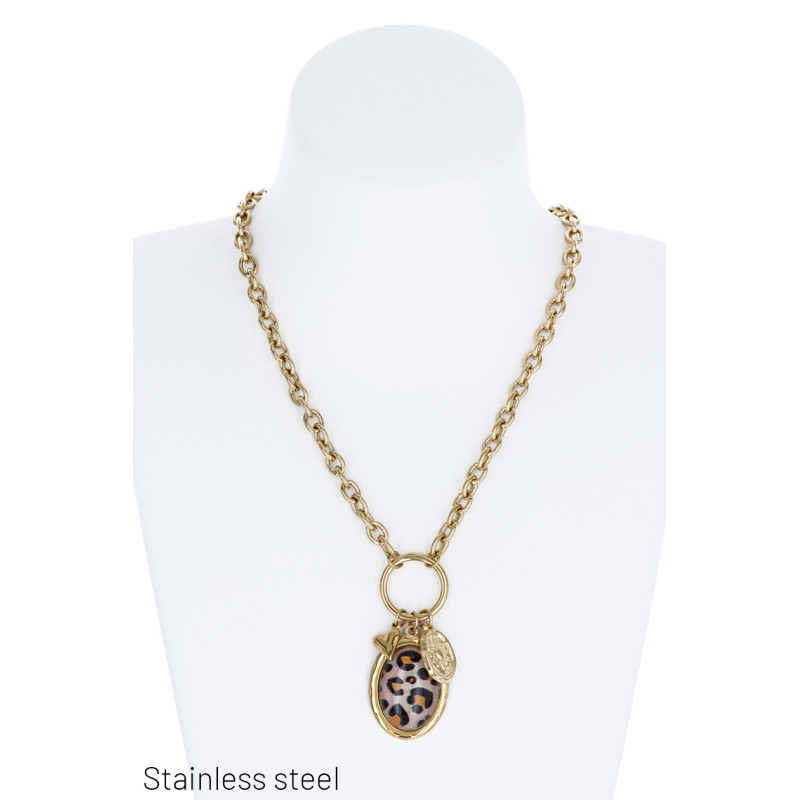 COLLIER ACIER, PENDENTIF PIERRE RESINE ET CHARMS