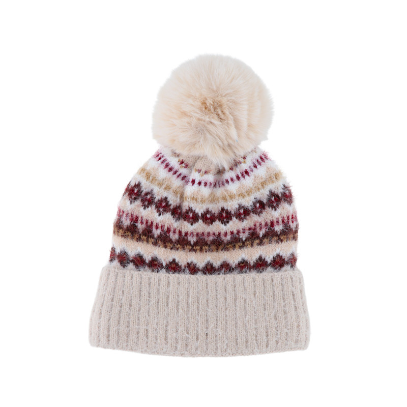 BONNET TRICOTÉ AVEC REVERS, GÉOMÉTRIQUE ET POMPON
