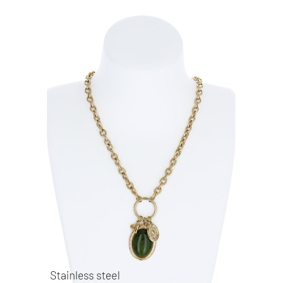 COLLIER ACIER, PENDENTIF PIERRE RESINE ET CHARMS