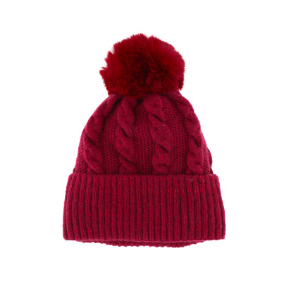 BONNET TRICOTE COULEUR UNIE, TORSADES AVEC POMPON