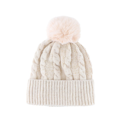 BONNET TRICOTE COULEUR UNIE, TORSADES AVEC POMPON