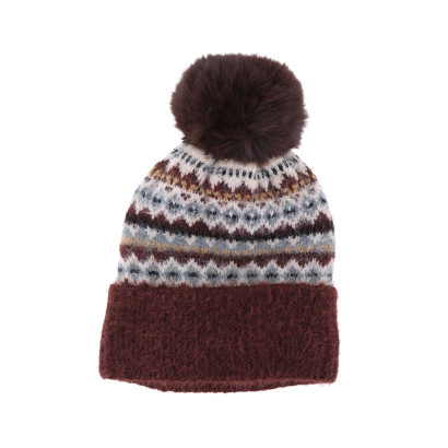 BONNET TRICOTÉ AVEC REVERS, GÉOMÉTRIQUE ET POMPON