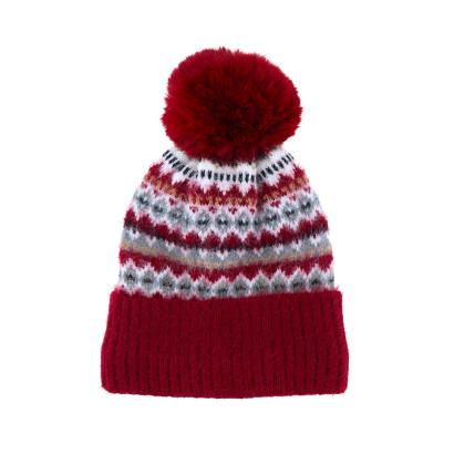 BONNET TRICOTÉ AVEC REVERS, GÉOMÉTRIQUE ET POMPON