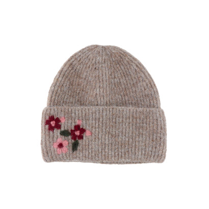 BONNET TRICOTÉ AVEC REVERS ET FLEURS BRODÉES