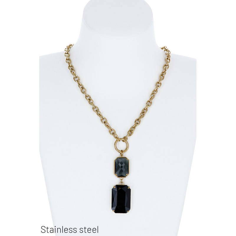 ST.STEEL NECKLACE WITH RECTANGULAR STONE PENDANT