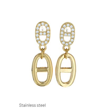 BOUCLE D'OREILLE EN ACIER, PEND. OVALE & STRASS