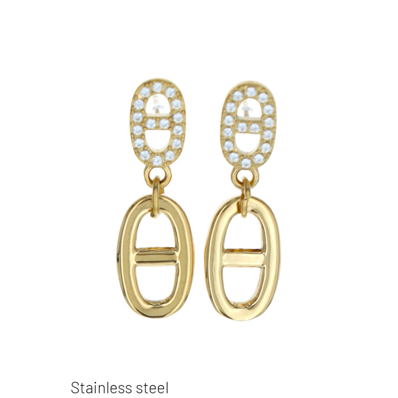 BOUCLE D'OREILLE EN ACIER, PEND. OVALE & STRASS