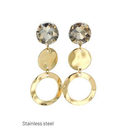 BOUCLE D'OREILLE EN ACIER, PENDENTIF ROND & STRASS
