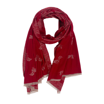 FOULARD TISSÉ IMPRIMÉ CHIENS ET FRANGES