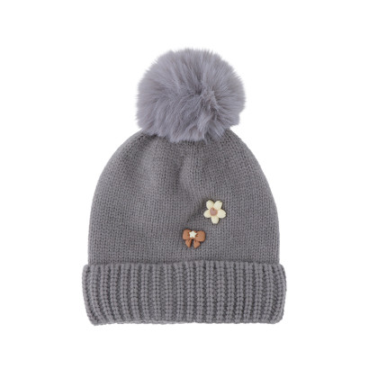 BONNET TRICOTE ENFANT, POMPON, NOEUD PAP., FLEUR