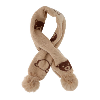 KIDS KNITTED SCARF WITH TEDDY BEAR AND POMPOMS