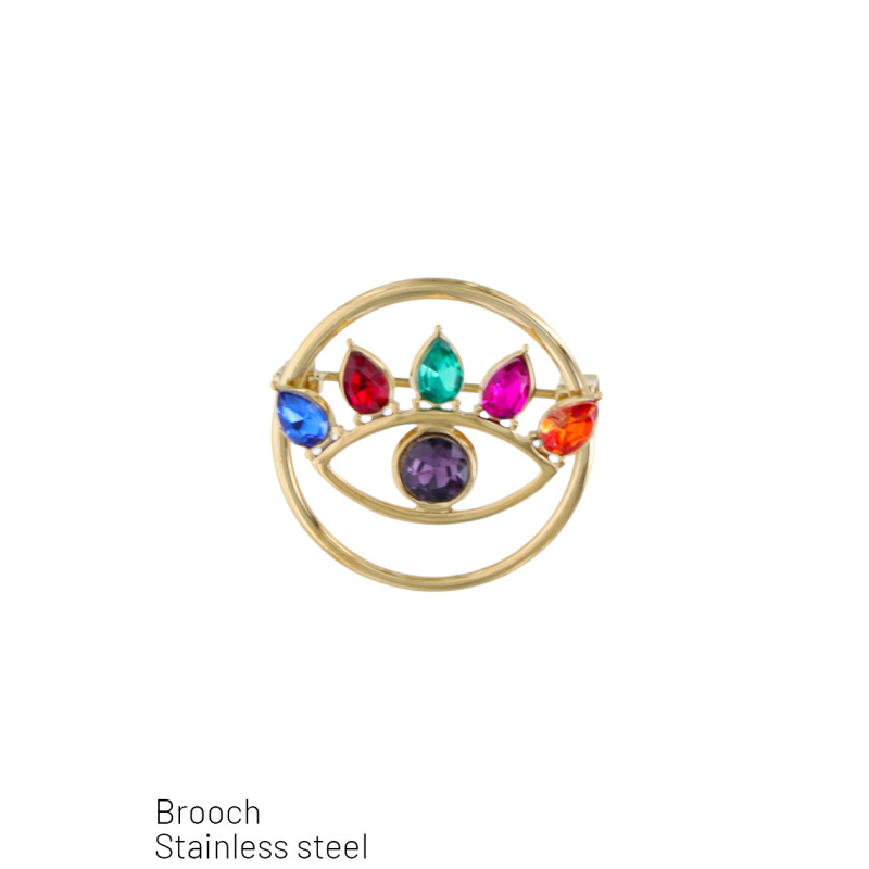 ROESTVRIJSTALEN BROCHE MET OOG EN STRASS