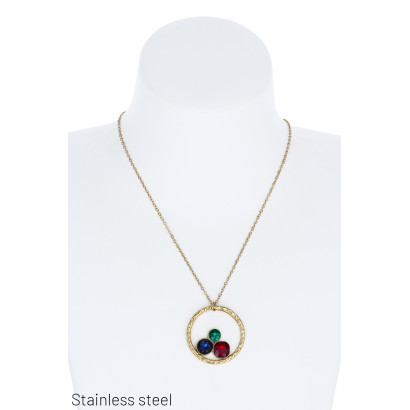 STAINL.STEEL NECKLACE WITH ROUND & COLORED STONES