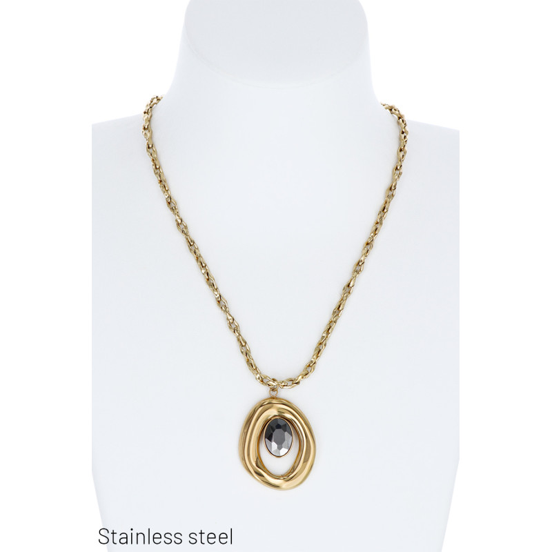 COLLIER EN ACIER AVEC PEND. METALLI., PIERRE OVALE