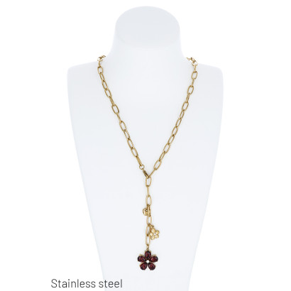 COLLIER EN ACIER AVEC PENDENTIF FLEURS ET COEURS