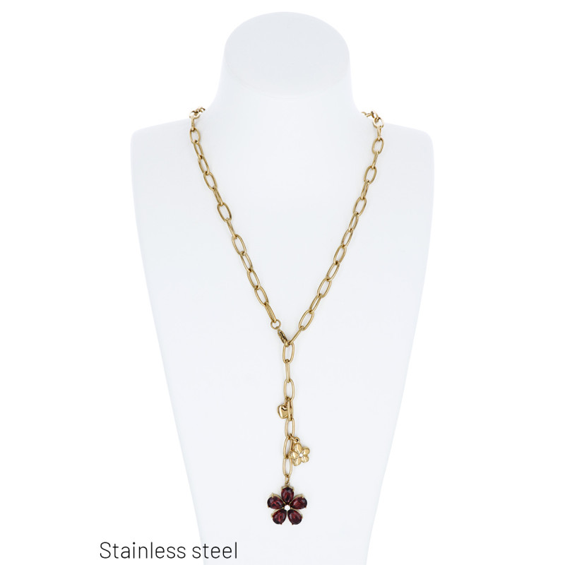 COLLIER EN ACIER AVEC PENDENTIF FLEURS ET COEURS