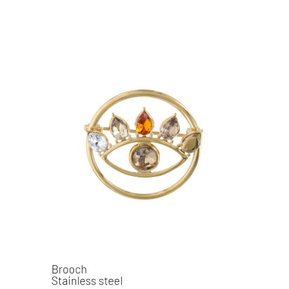 ROESTVRIJSTALEN BROCHE MET OOG EN STRASS