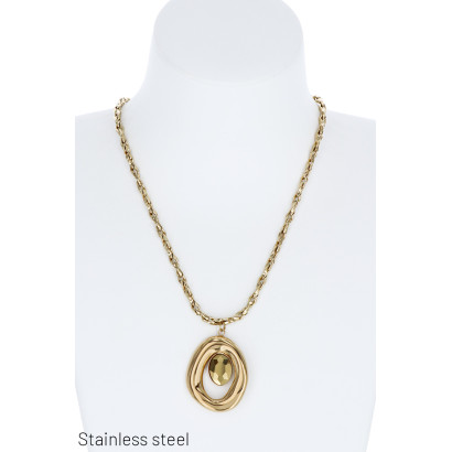 COLLIER EN ACIER AVEC PEND. METALLI., PIERRE OVALE
