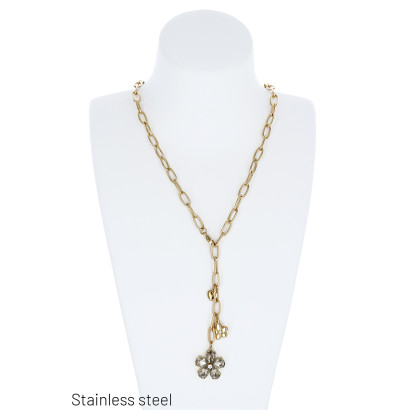 COLLIER EN ACIER AVEC PENDENTIF FLEURS ET COEURS