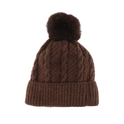 BONNET TRICOTÉ AVEC REVERS, LUREX ET POMPON