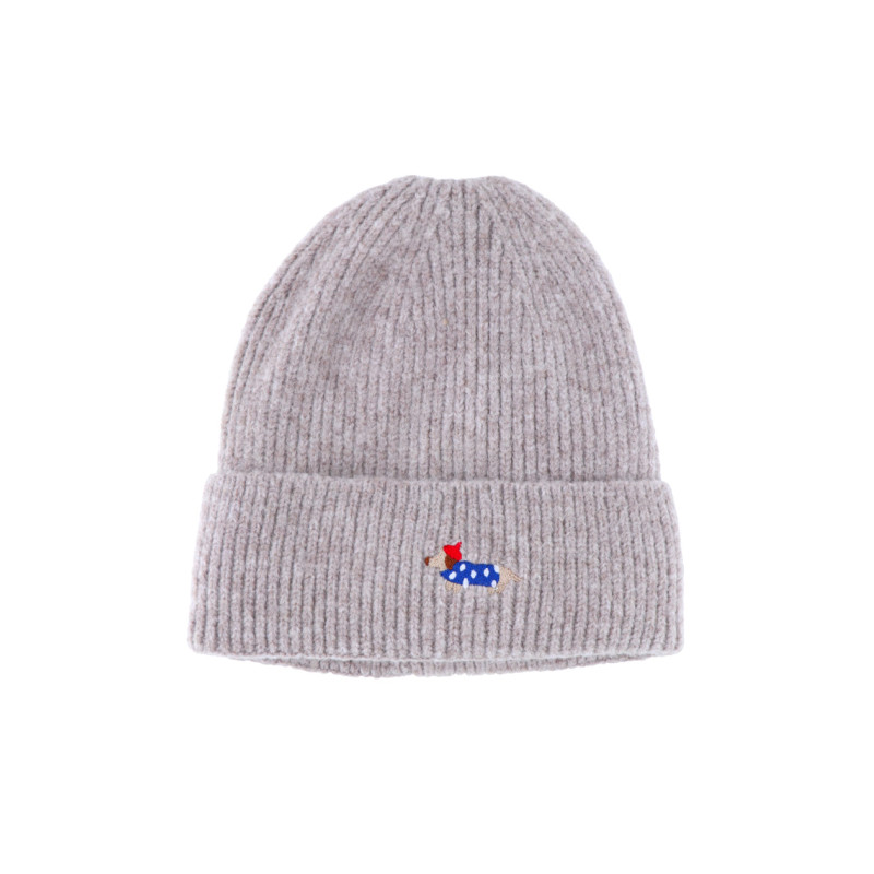 KNITTED HAT WITH TURN UP AND EMBROIDERED DOG