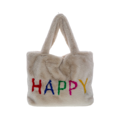 FUR IMITATION TOTE BAG, SOLID COLOR: HAPPY
