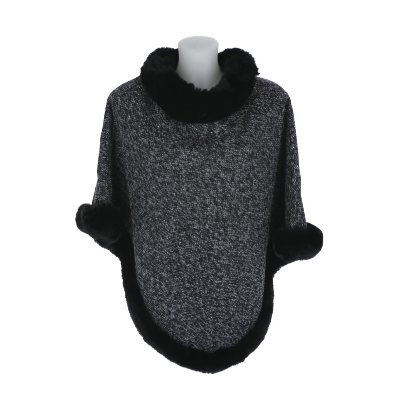 PONCHO WITH COLLAR AND FAKE FUR TRIM