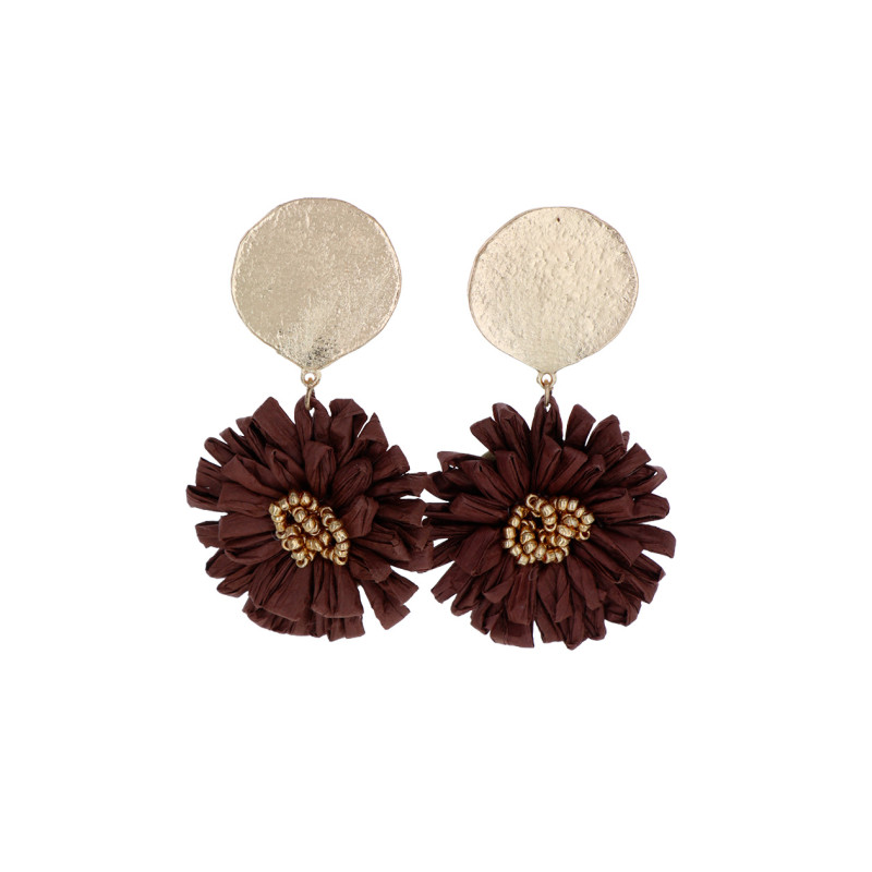 BOUCLES D'OREILLES, FORME DE FLEUR EN RAPHIA, PERL